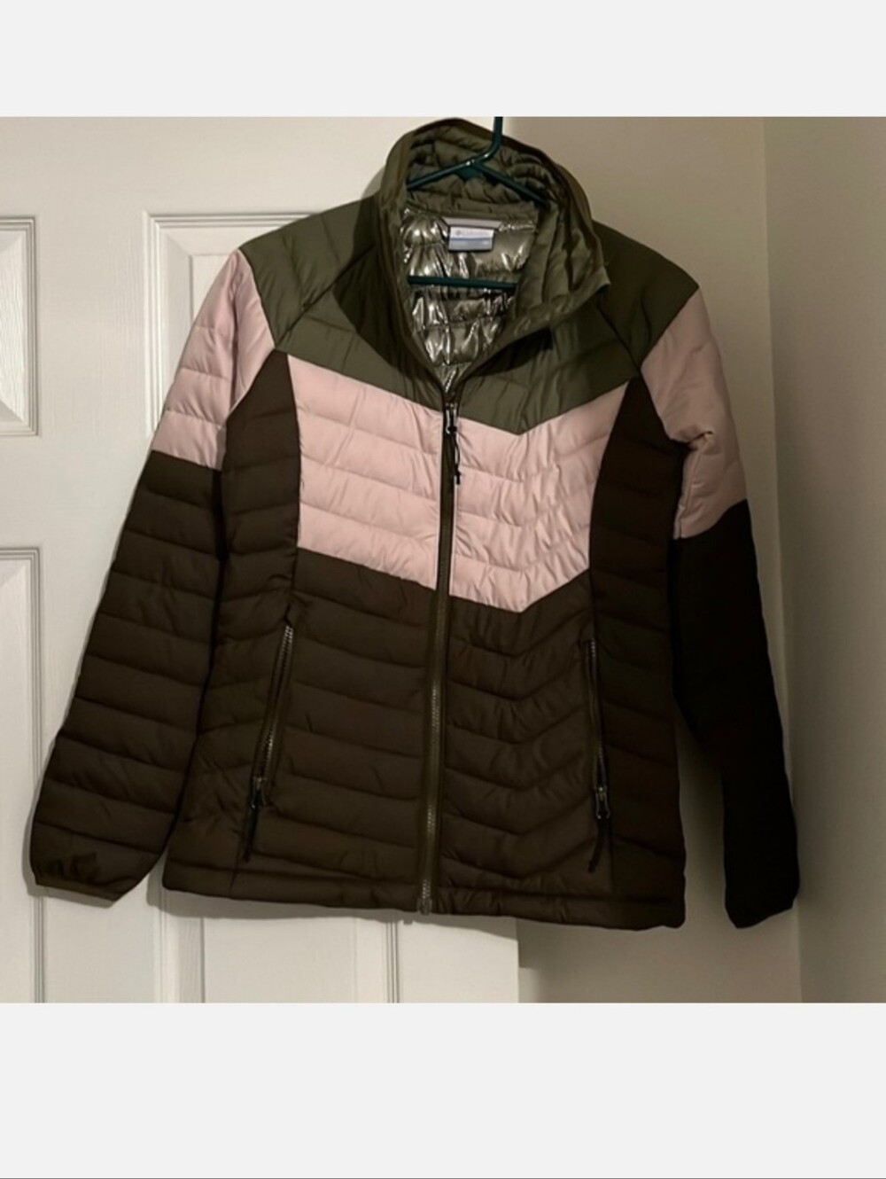 Columbia Women's Powder Columbia Olive Green and Light Pink Puffer Jacket